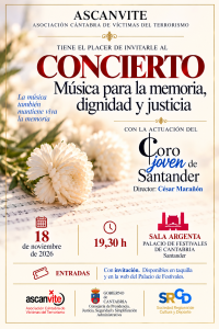 Homenaje a las víctimas del terrorismo en la Sala Argenta del Palacio de Festivales de Cantabria, 18 de noviembre a las 19.30 h.