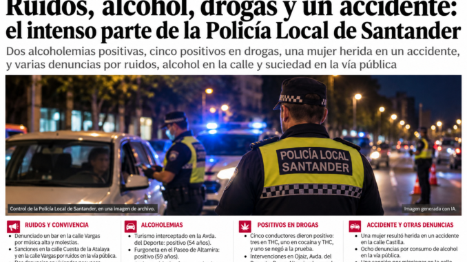 Cinco conductores dan positivo en drogas en una jornada con alcoholemias, ruidos y un accidente en Santander